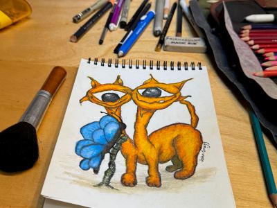 "Cycat Yellow with Two Heads and Blue Butterfly" is a new colored pencil drawing. This drawing is part of my 'Cycat Series'. I was trying for quirky, fun loving two headed cat like monster having fun with a ball of string. CYC039 #johngreggstudios #coloredpencil #art #cycat #drawing #art
